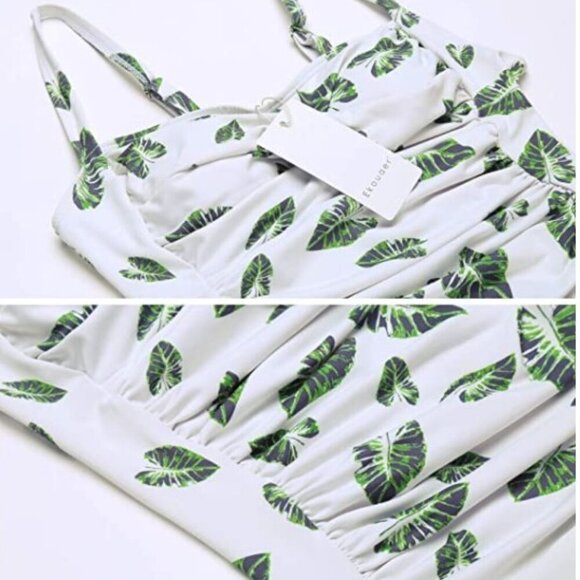 TROPICAL PALM LEAF MONOKINI RUCHED TUMMY ONE PIECE SWIMSUIT - Picture 3 of 12